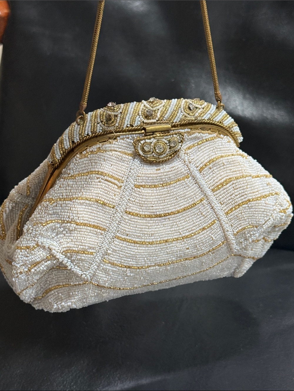 Vintage Made in France White Beaded Evening Clutch with Gold Trim Early 1920’s